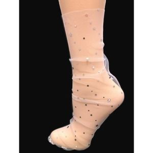 Ultra Sheer White Tulle Socks with Stars and Moons Thin Mesh Hosiery OS